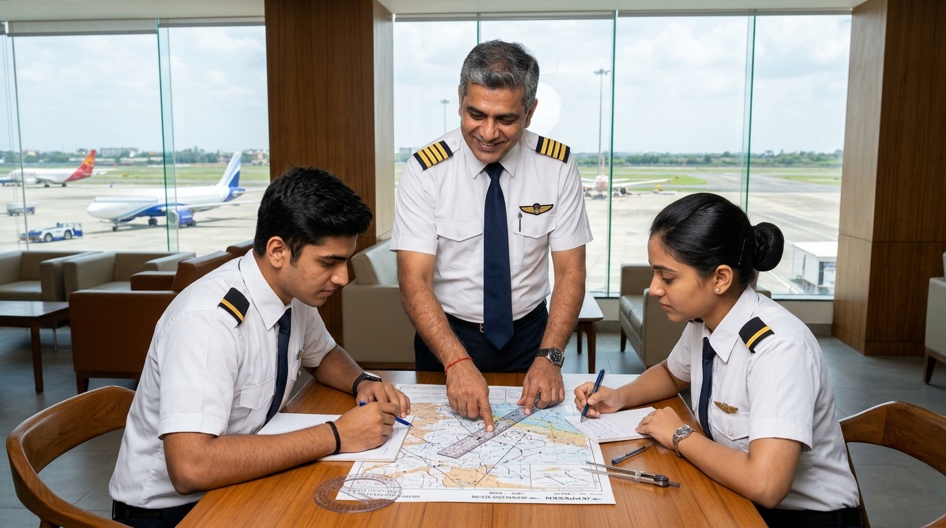 Experienced senior aviation flight instructor mentoring cadet pilots over aeronautical navigation chart in briefing lounge
