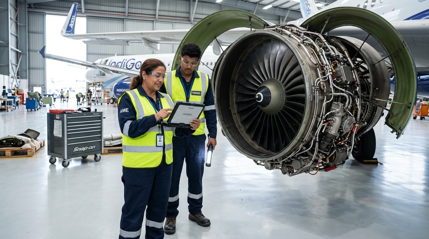 Aviation maintenance engineering instructor and trainee inspecting commercial jet turbofan engine in hangar