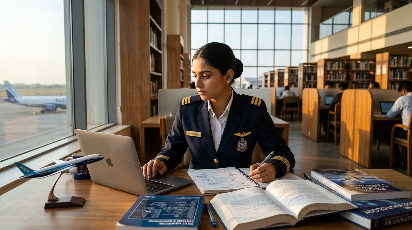 Aviation student studying and researching technical flight manuals with laptop in study lounge
