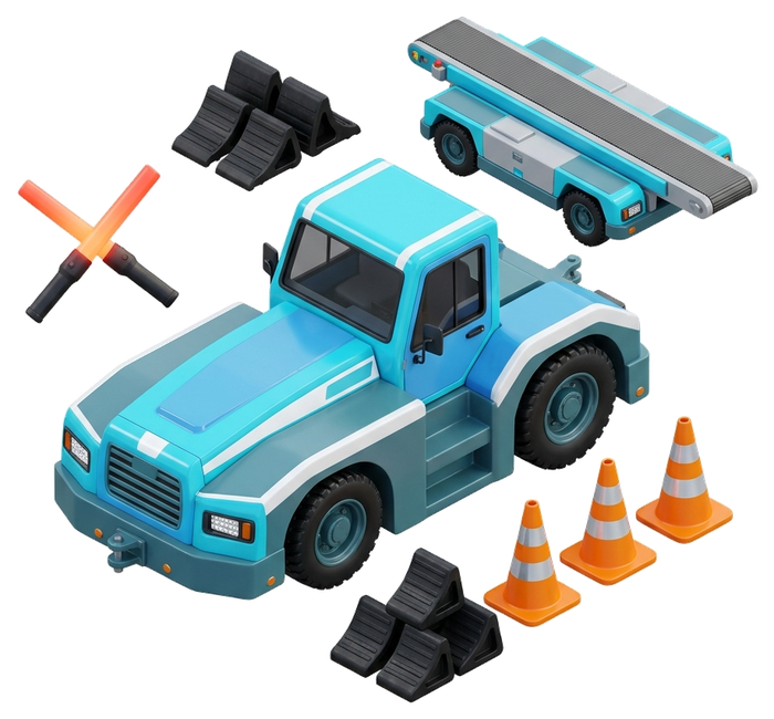 3D Airport Ground Pushback Tug, Marshalling Wands and Ramp Equipment