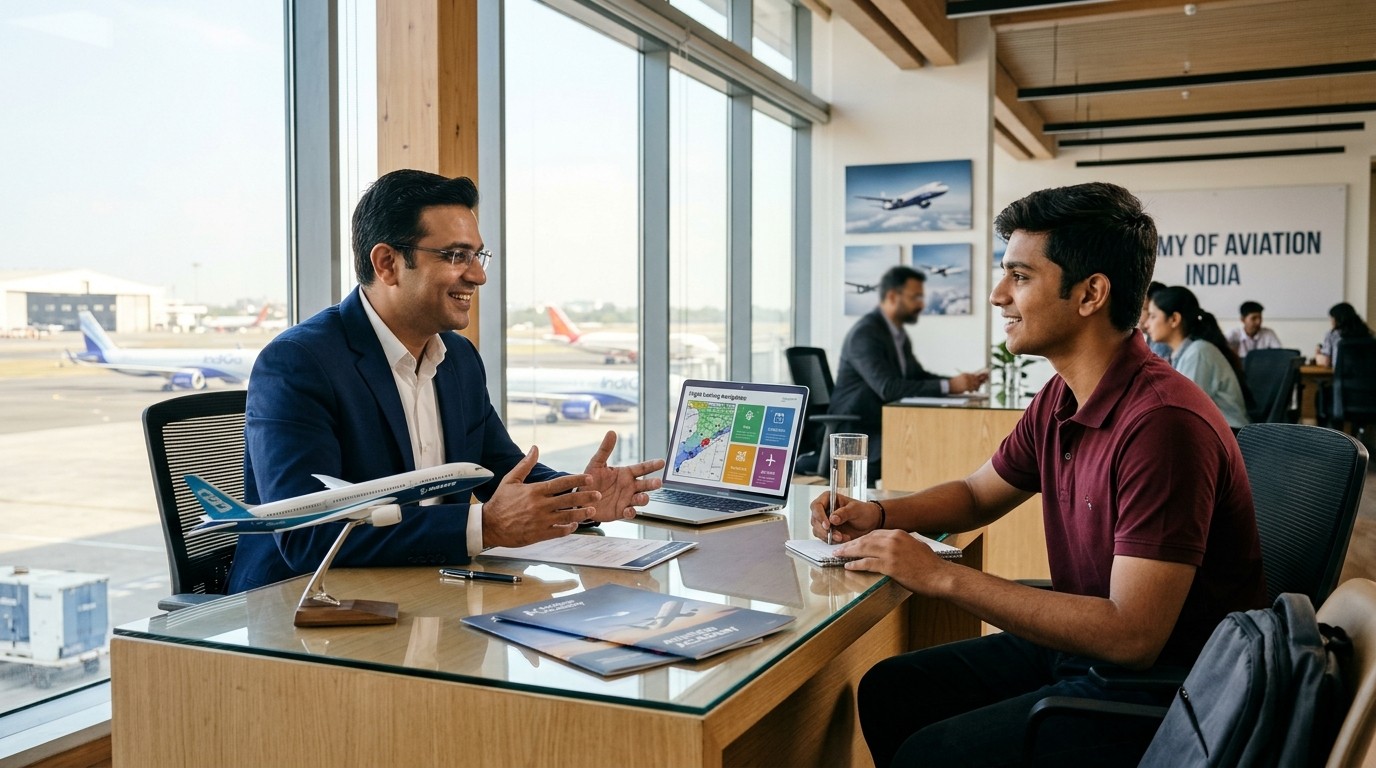 Friendly, professional aviation academic advisor in navy blazer counseling an aspiring aviation student