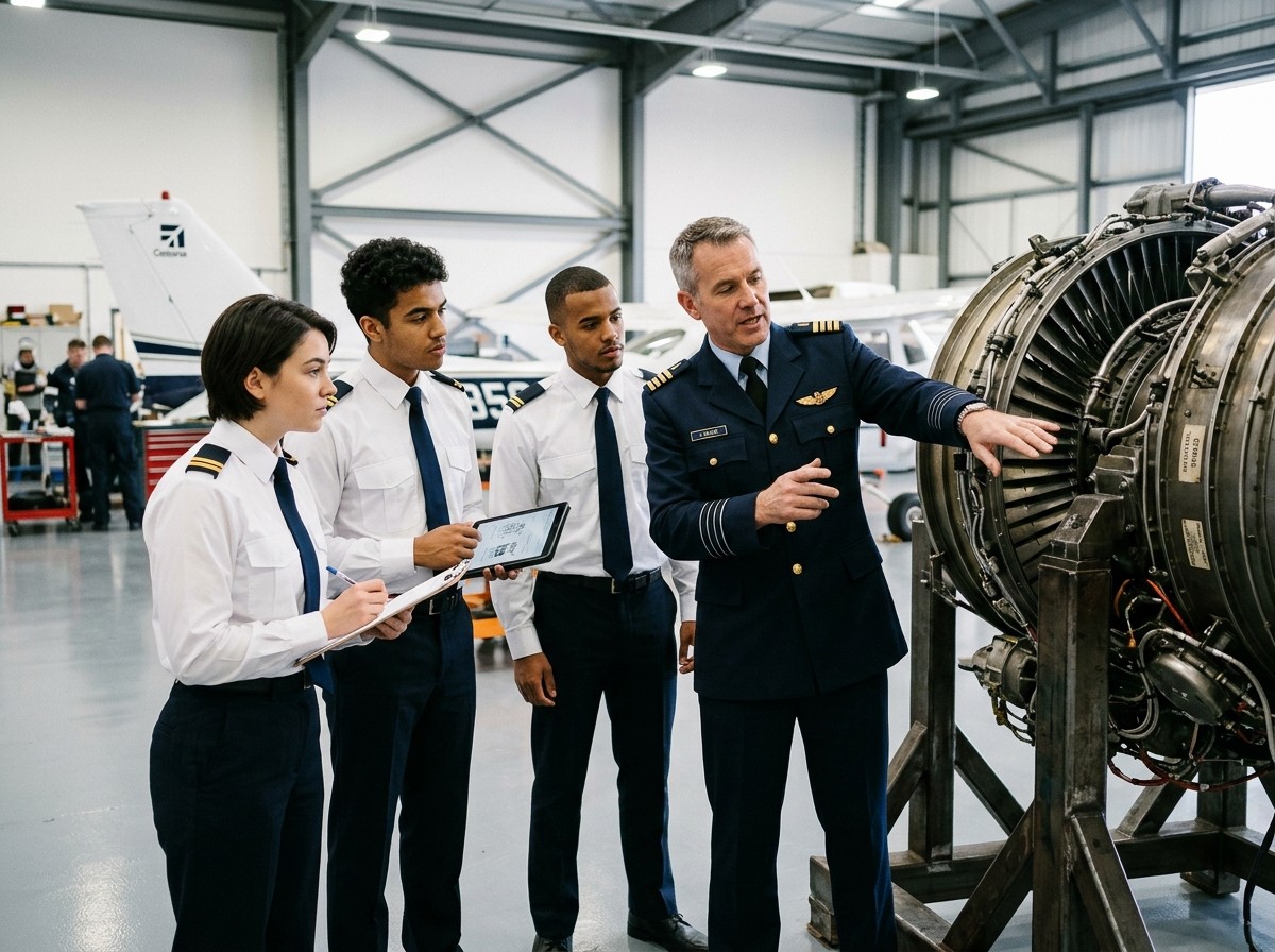 Aviation instructor explaining aircraft jet engine engineering to cadets in hangar