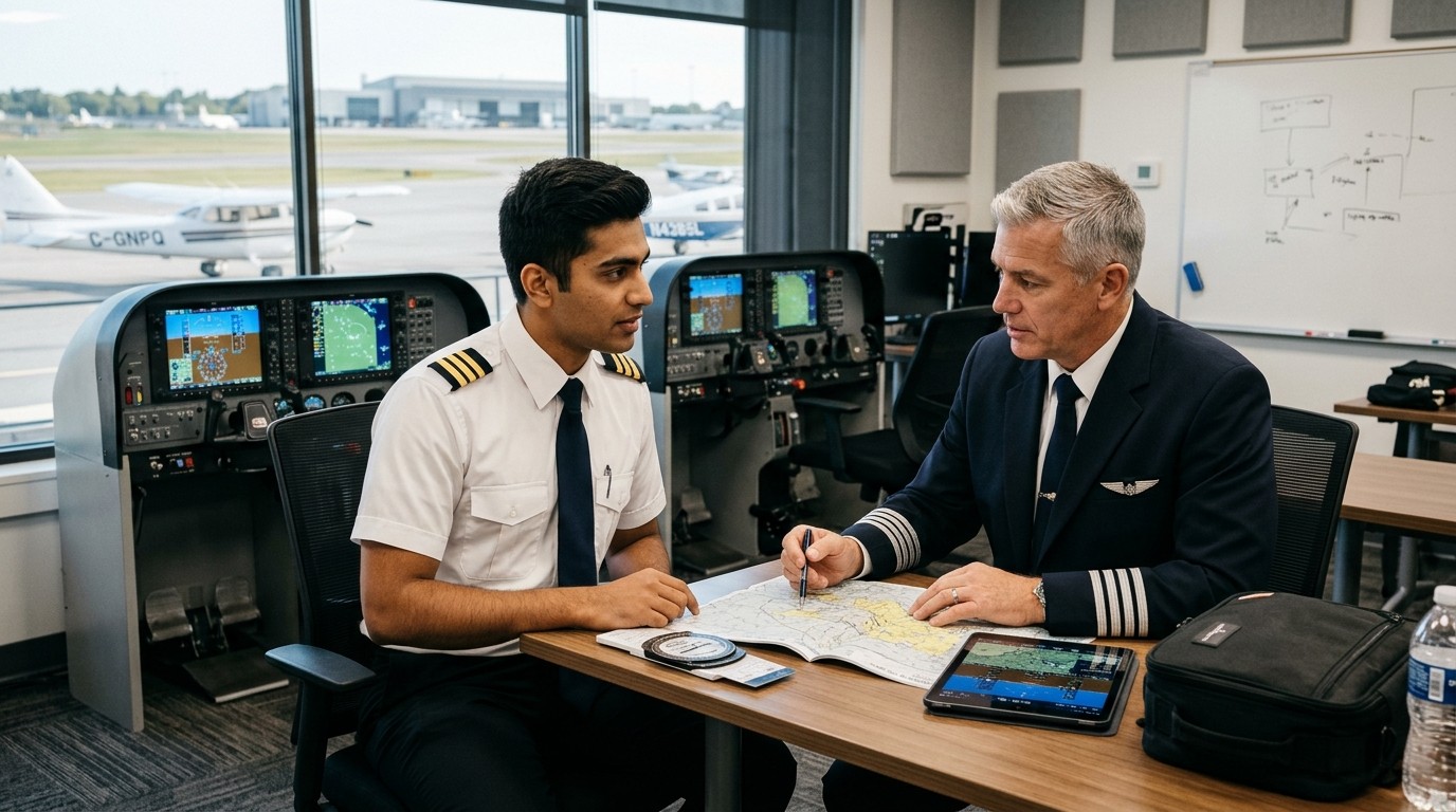 Student pilot in uniform studying navigation charts and cockpit instruments in ground-school briefing room